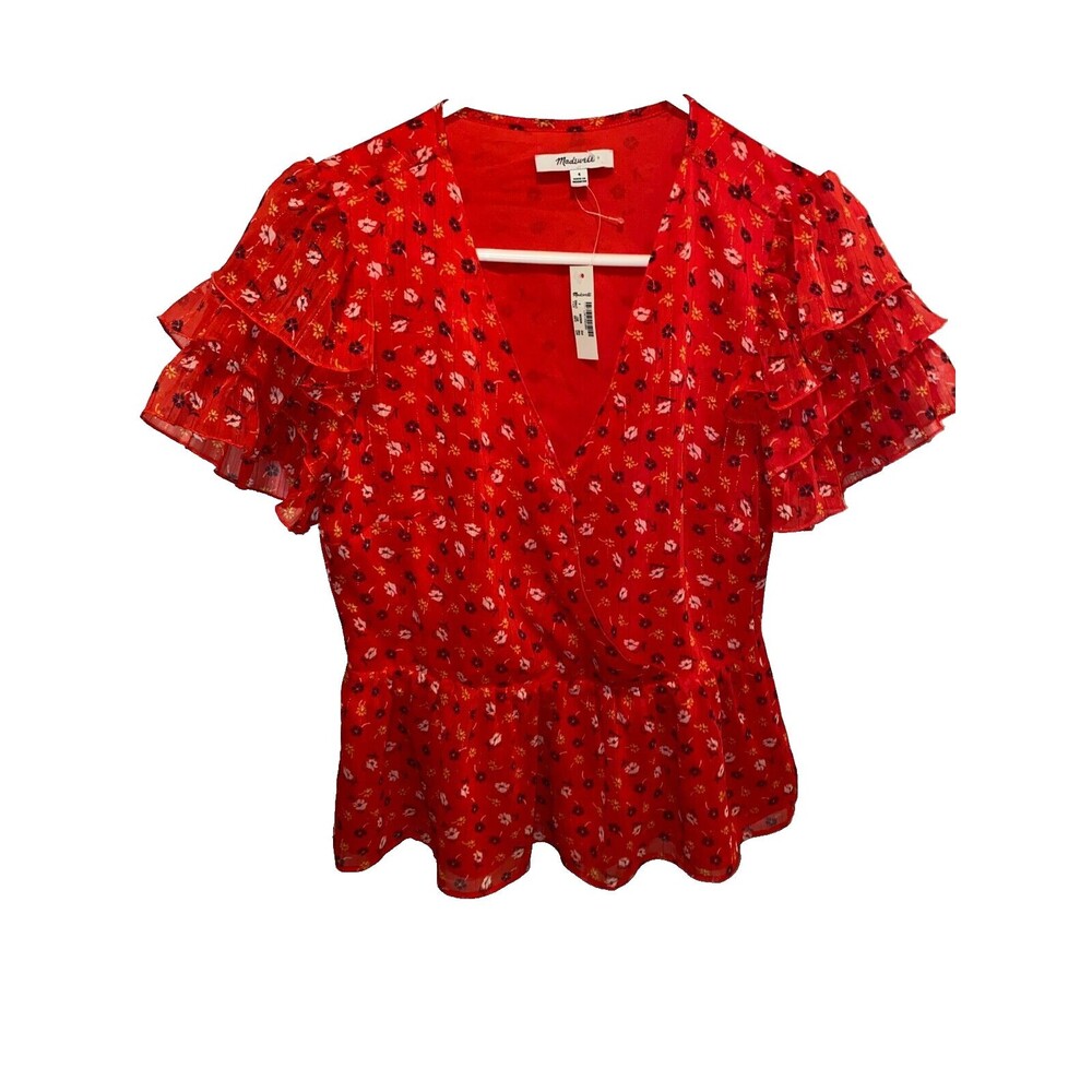 Madewell Blouse Womens Size 4 Red Floral Tie-Front Top Novel Prairie Posies